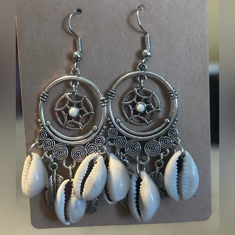 Hand Crafted Silver and Cream Boho Earrings